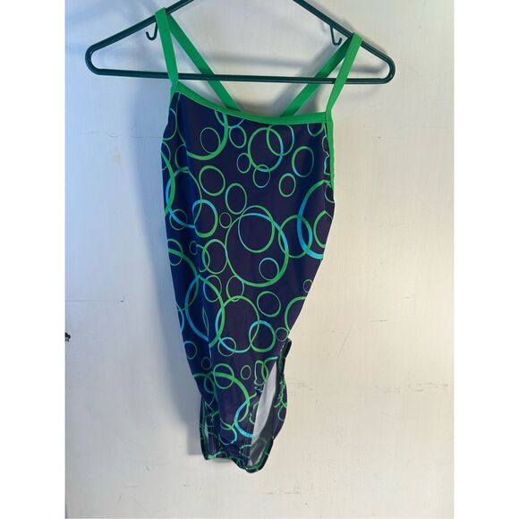 Waterproof swimsuit size 10 blue green circles rn#93411 size 36 - Picture 2 of 7